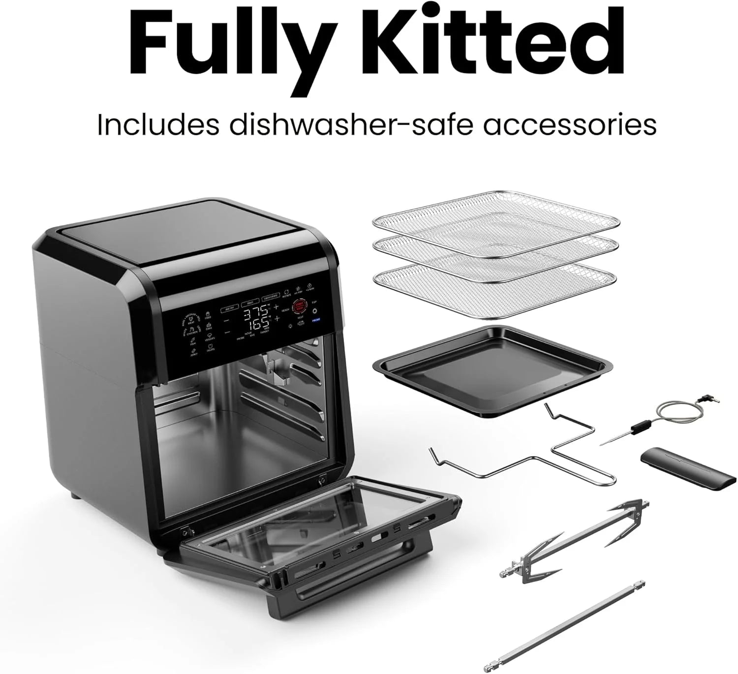 Exactemp 12 Quart 5-In-1 Air Fryer with Integrated Smart Thermometer, 28 Presets - Black, New