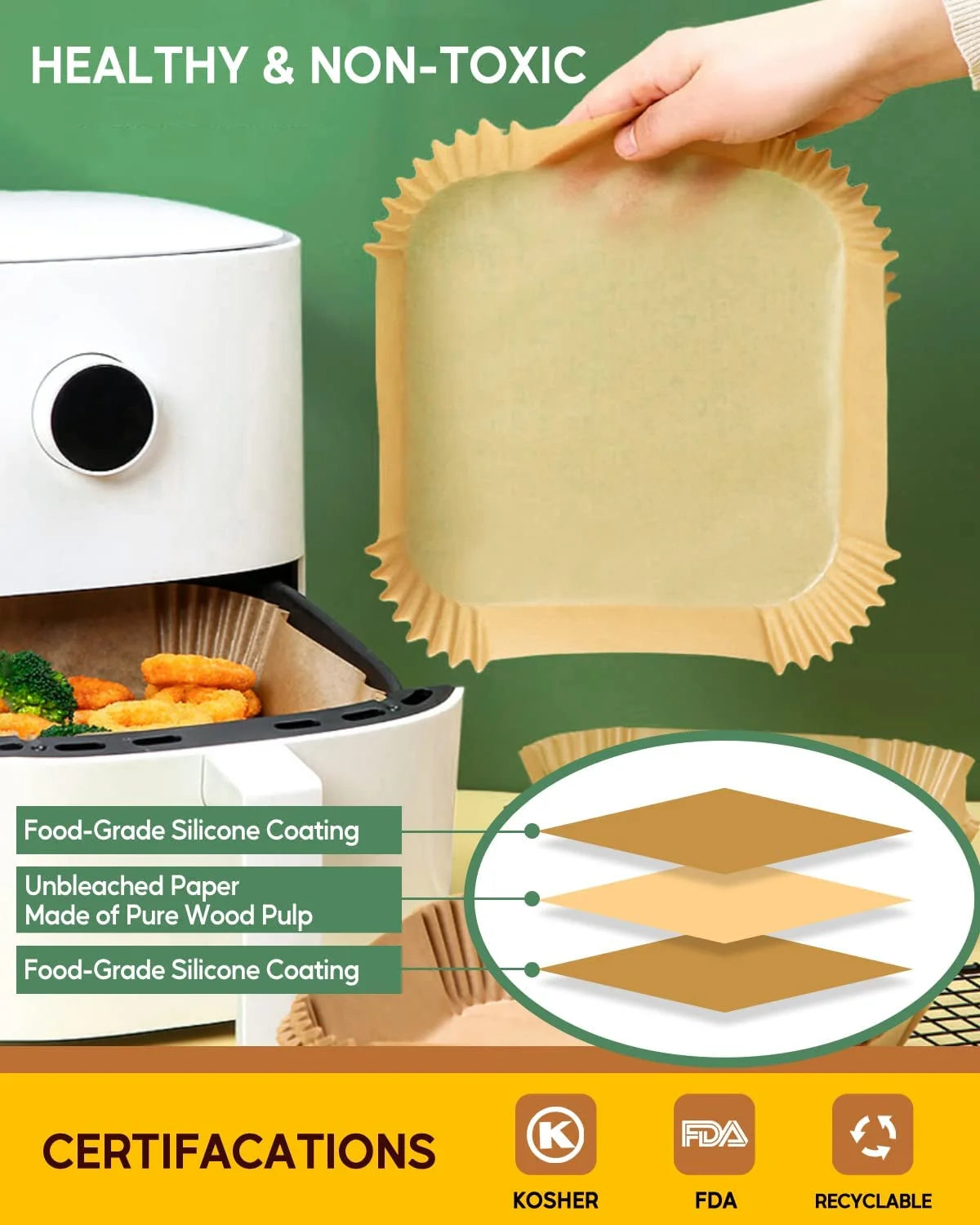 6.3 Inch 130PCS Square Disposable Air Fryer Paper Liners, Unbleached Non-Stick & Oil-Proof Parchment Paper