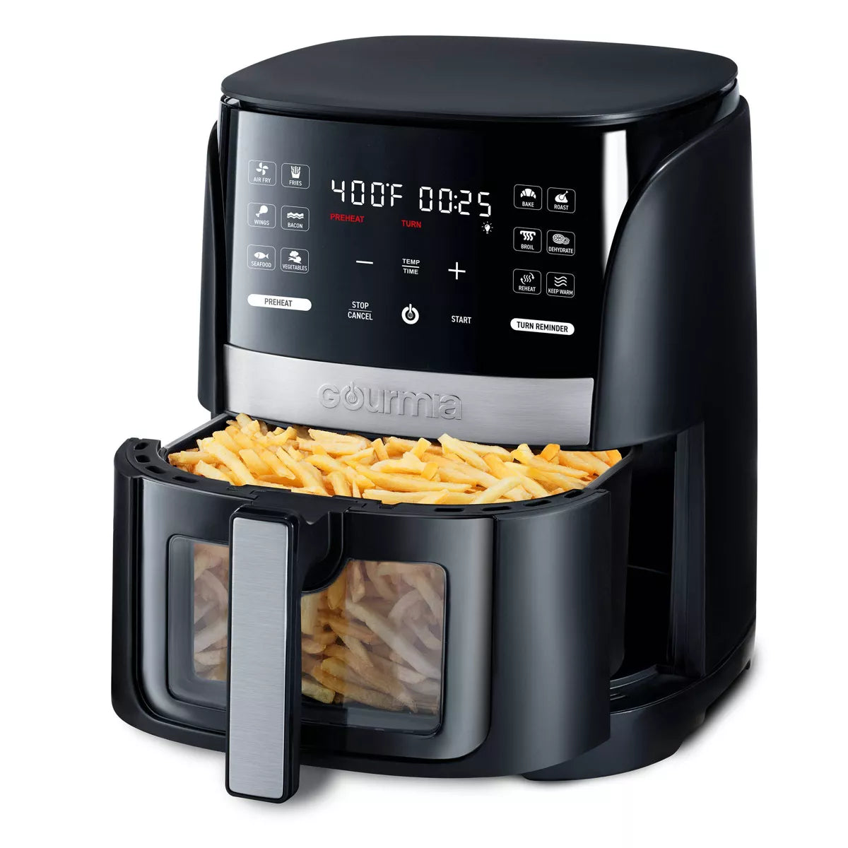 Gourmia 6-Qt Digital Window Air Fryer with 12 Presets & Guided Cooking Black: Stainless Steel, 1-Year Warranty