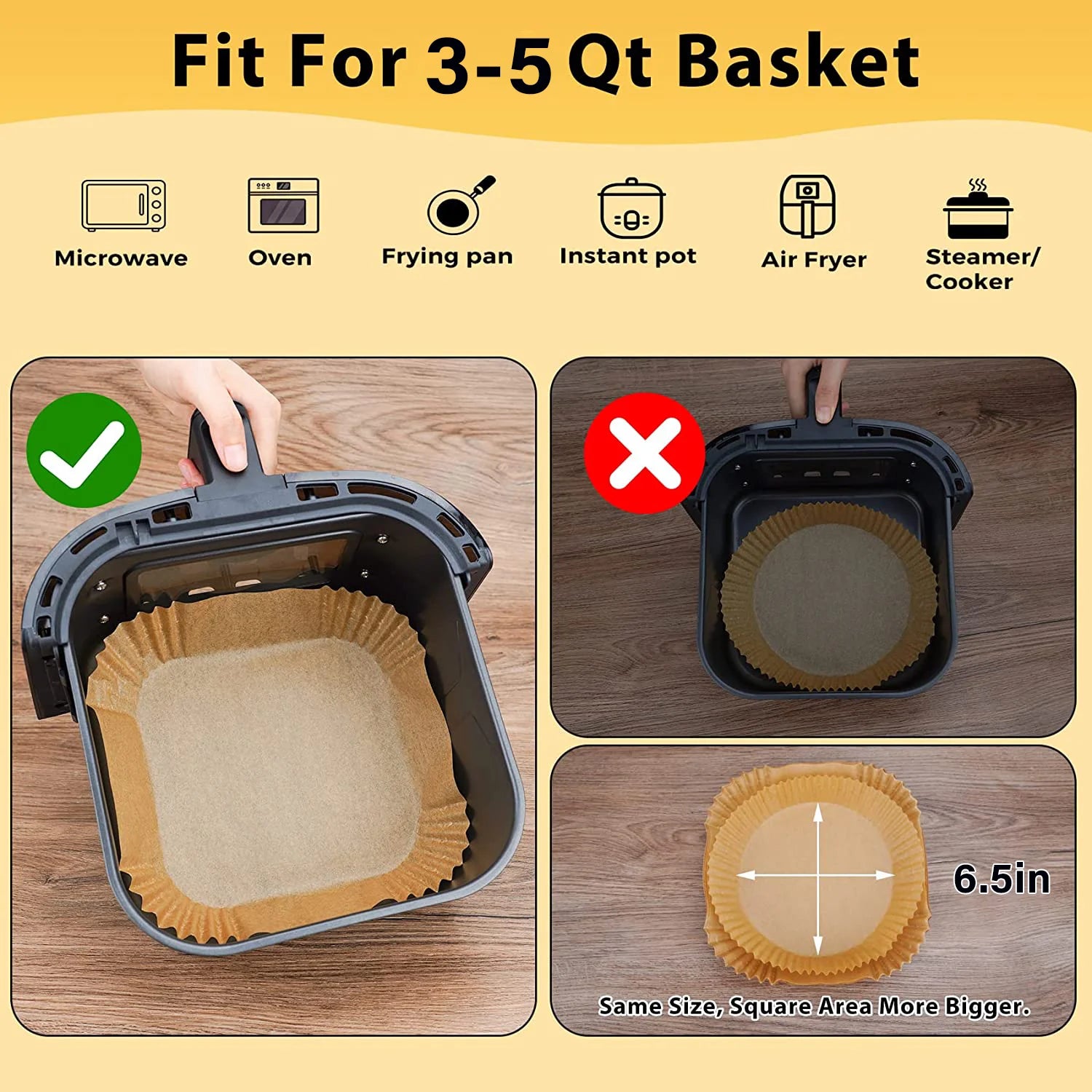 Air Fryer Paper Liners: 125Pcs Parchment Paper, Air Fryer Disposable Paper Liner, Oilproof Waterproof Airfryer Paper Basket Bowl Liner Square (6.5Inch)