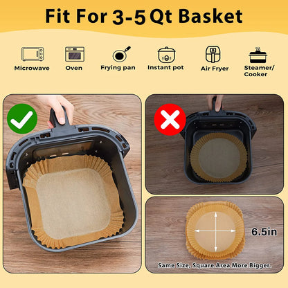 Air Fryer Paper Liners: 125Pcs Parchment Paper, Air Fryer Disposable Paper Liner, Oilproof Waterproof Airfryer Paper Basket Bowl Liner Square (6.5Inch)