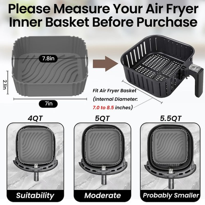 2 Pack Air Fryer Silicone Liners Square Airfryer Reusable for 4-5.5/5-8.5 QT