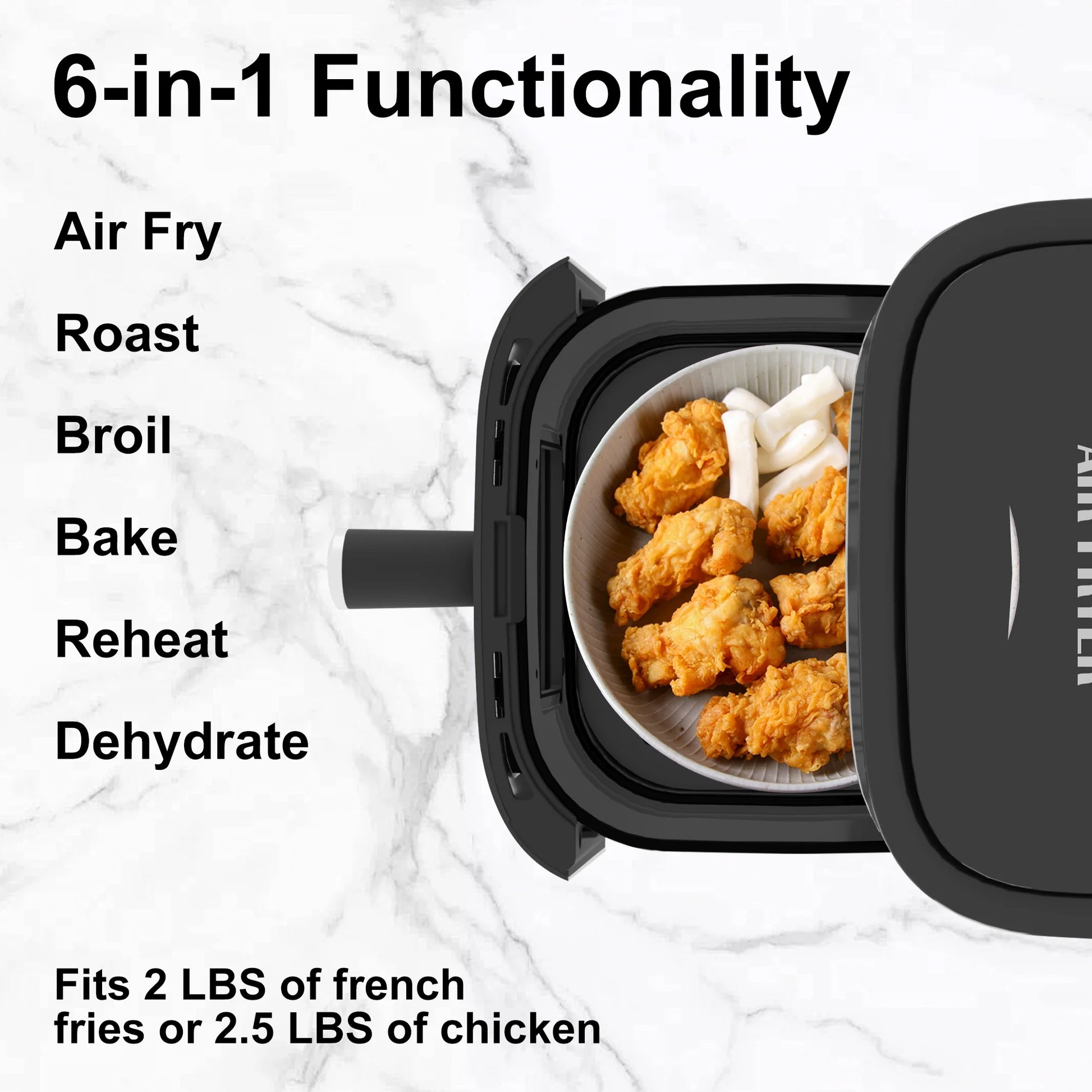 6QT Air Fryer, 8-In-1 Electric Hot Oven with Digital LED Touchscreen, Visible Window, 1500W, New, Black