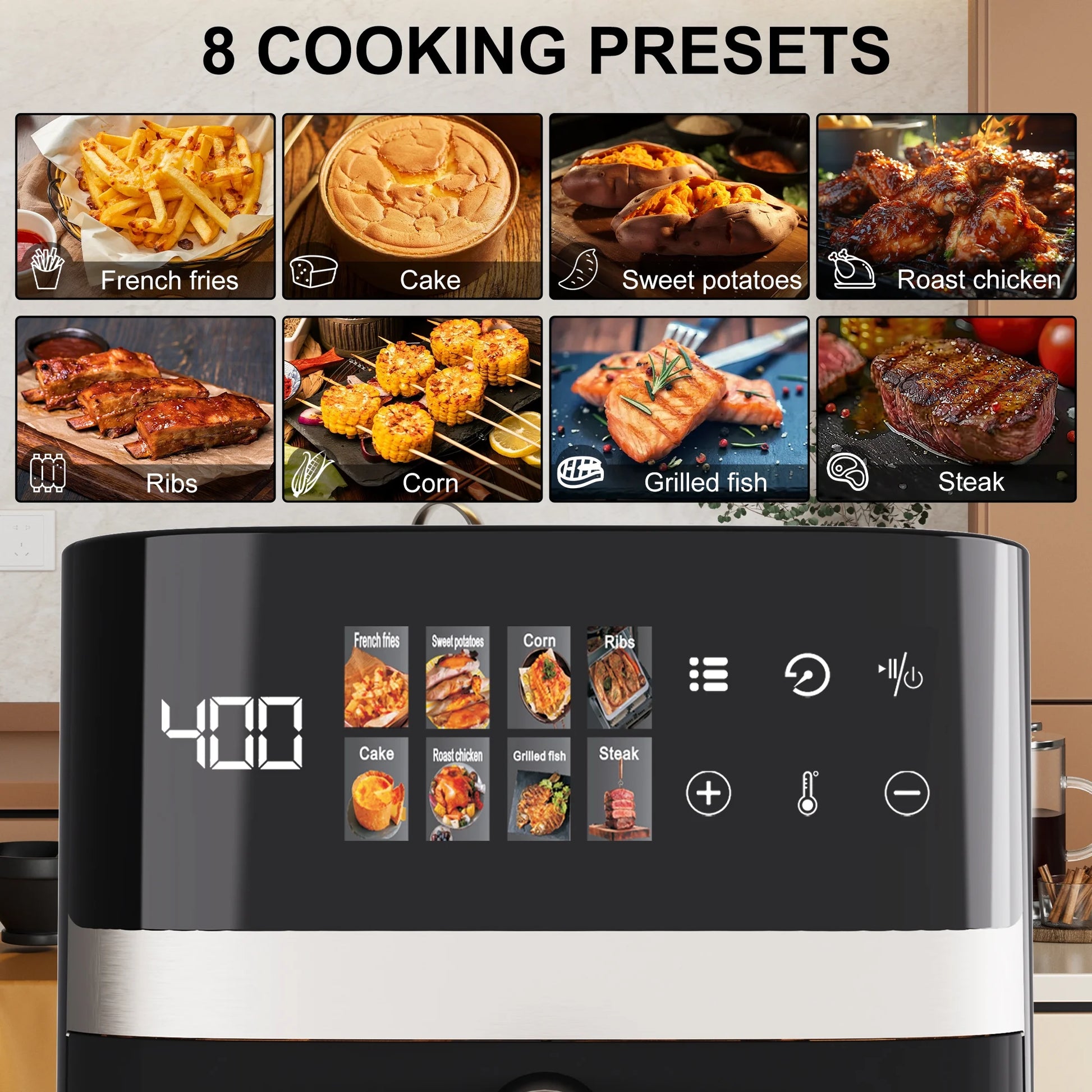 6QT Air Fryer, 8-In-1 Electric Hot Oven with Digital LED Touchscreen, Visible Window, 1500W, New, Black