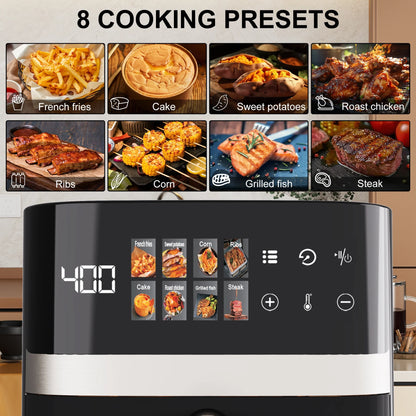 6QT Air Fryer, 8-In-1 Electric Hot Oven with Digital LED Touchscreen, Visible Window, 1500W, New, Black