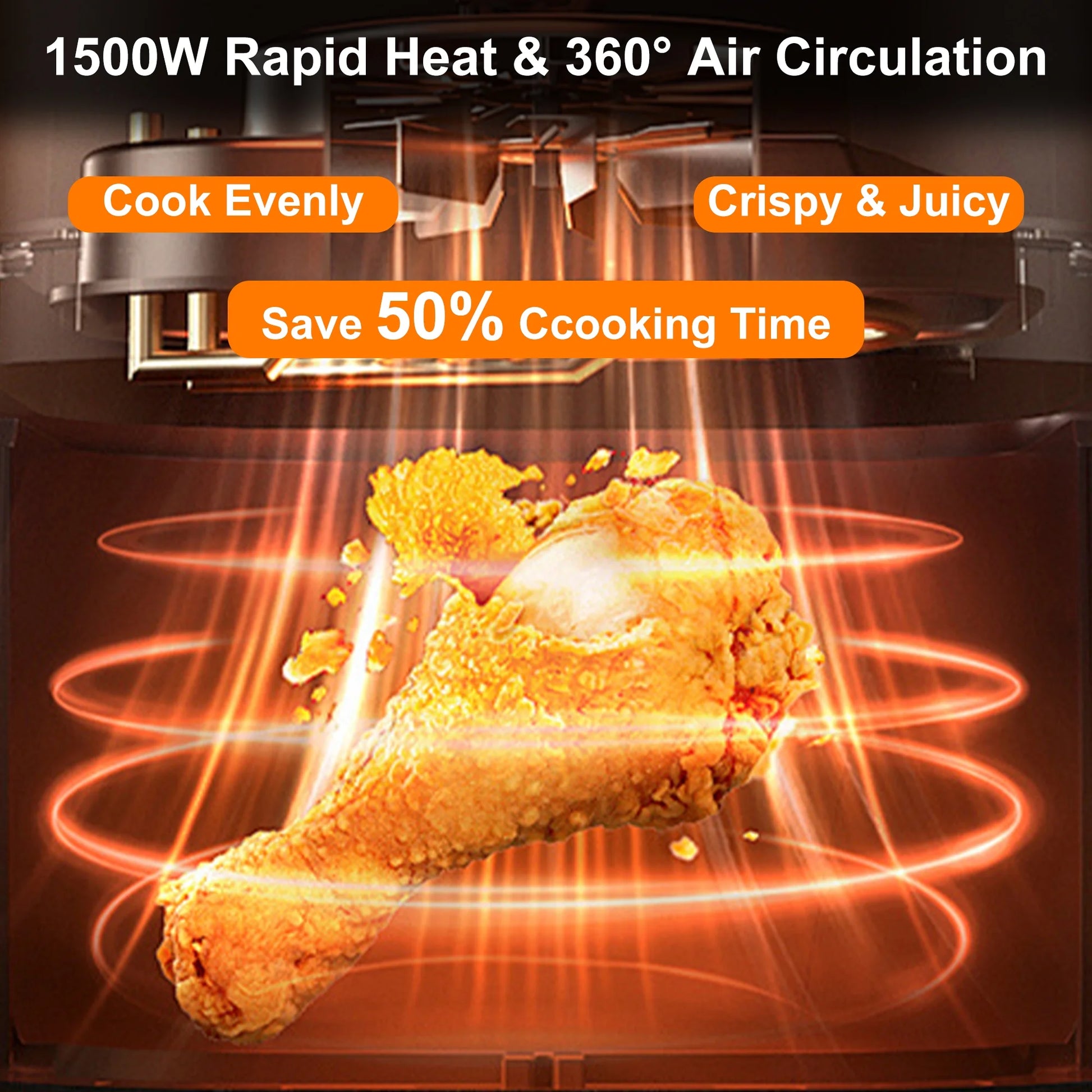 6QT Air Fryer, 8-In-1 Electric Hot Oven with Digital LED Touchscreen, Visible Window, 1500W, New, Black